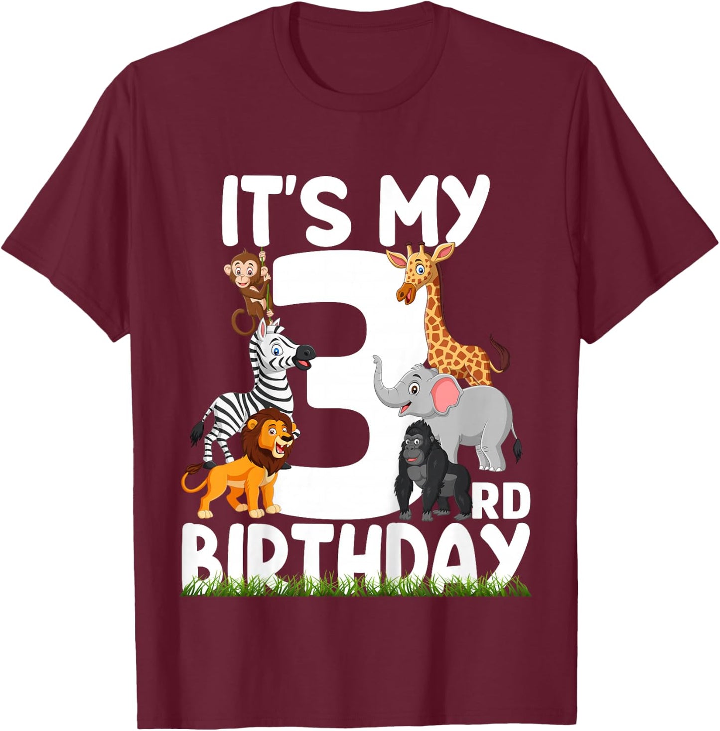 It's My 3rd Birthday Zoo Jungle Safari 3 Years Old Animals T-Shirt - T-Shirt | Maroon