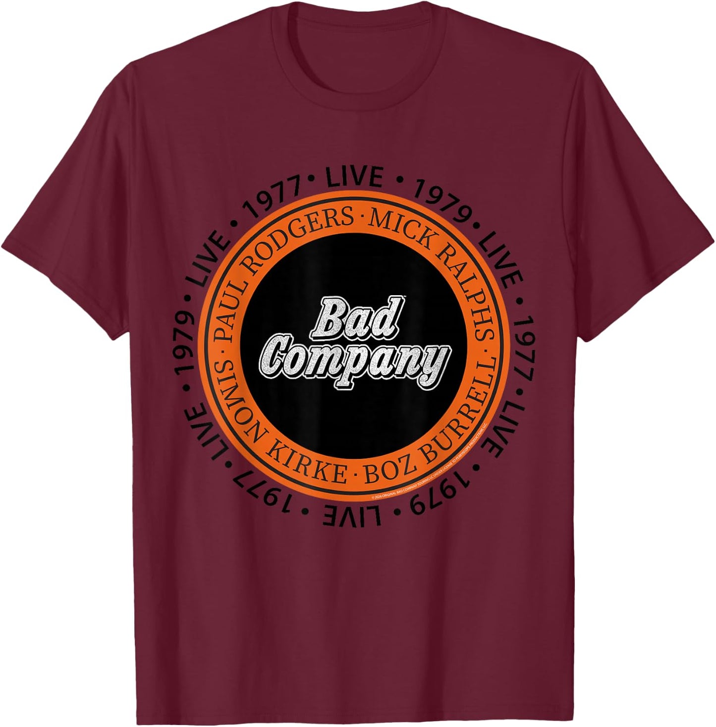 Official Bad Company Band Circle 1977 1979 Live T-Shirt - T-Shirt | Maroon