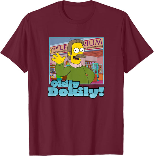 The Simpsons Ned Flanders Okily Dokily T-Shirt - T-Shirt | Maroon