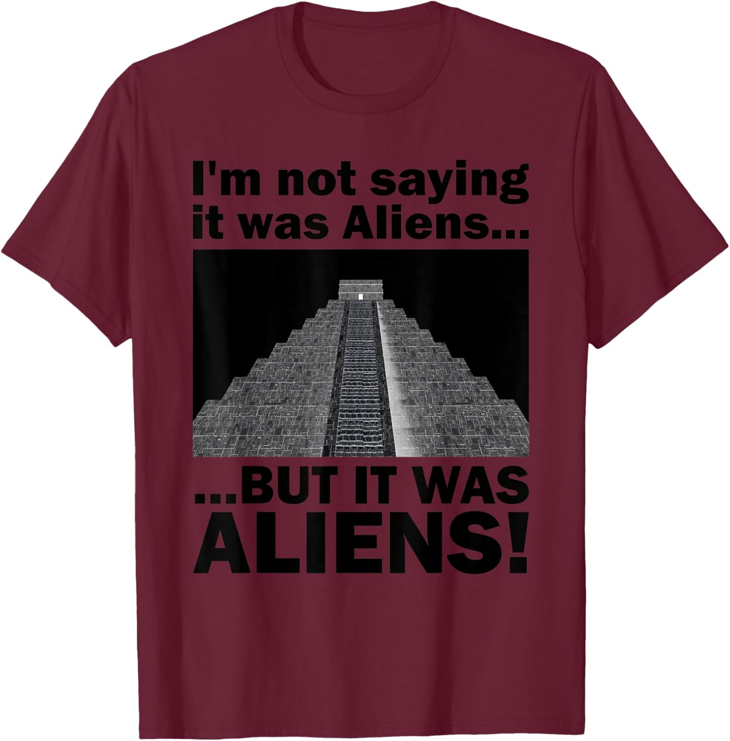 Funny Meme Pseudoscience Puns "It was Aliens!" Quote T-Shirt - T-Shirt | Maroon