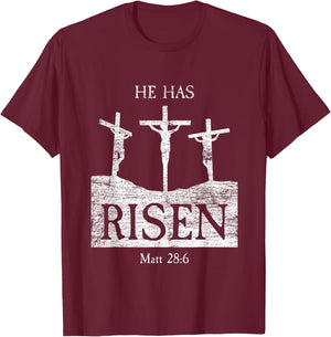 Easter Bible Verse Matthew 28:6 He Has Risen Jesus T-Shirt - T-Shirt | Maroon