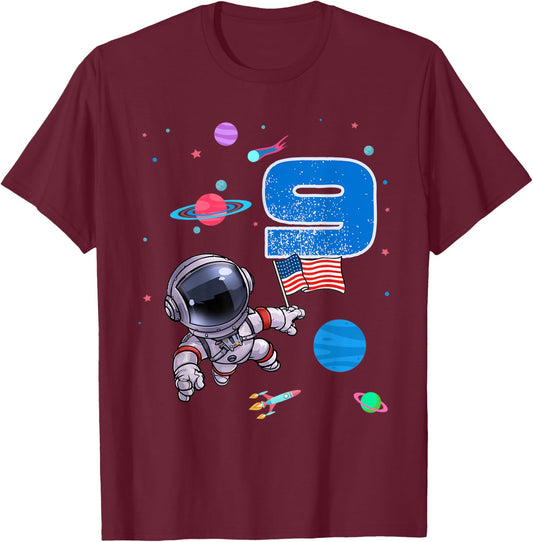 Space Astronaut 9 Years Old Birthday Boy 9th Birthday T-Shirt - T-Shirt | Maroon