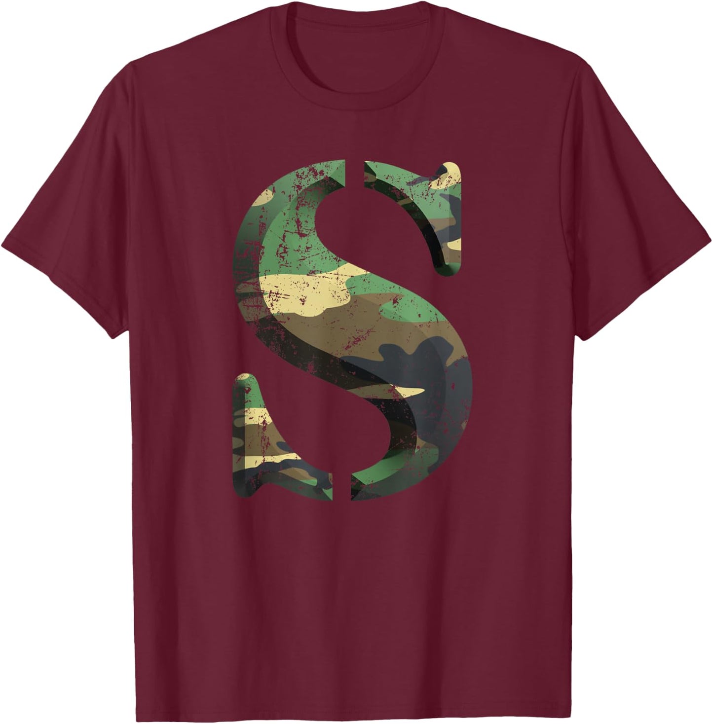 Capital Letter S Stencil Font Army Camo Woodland Camouflage T-Shirt - T-Shirt | Maroon