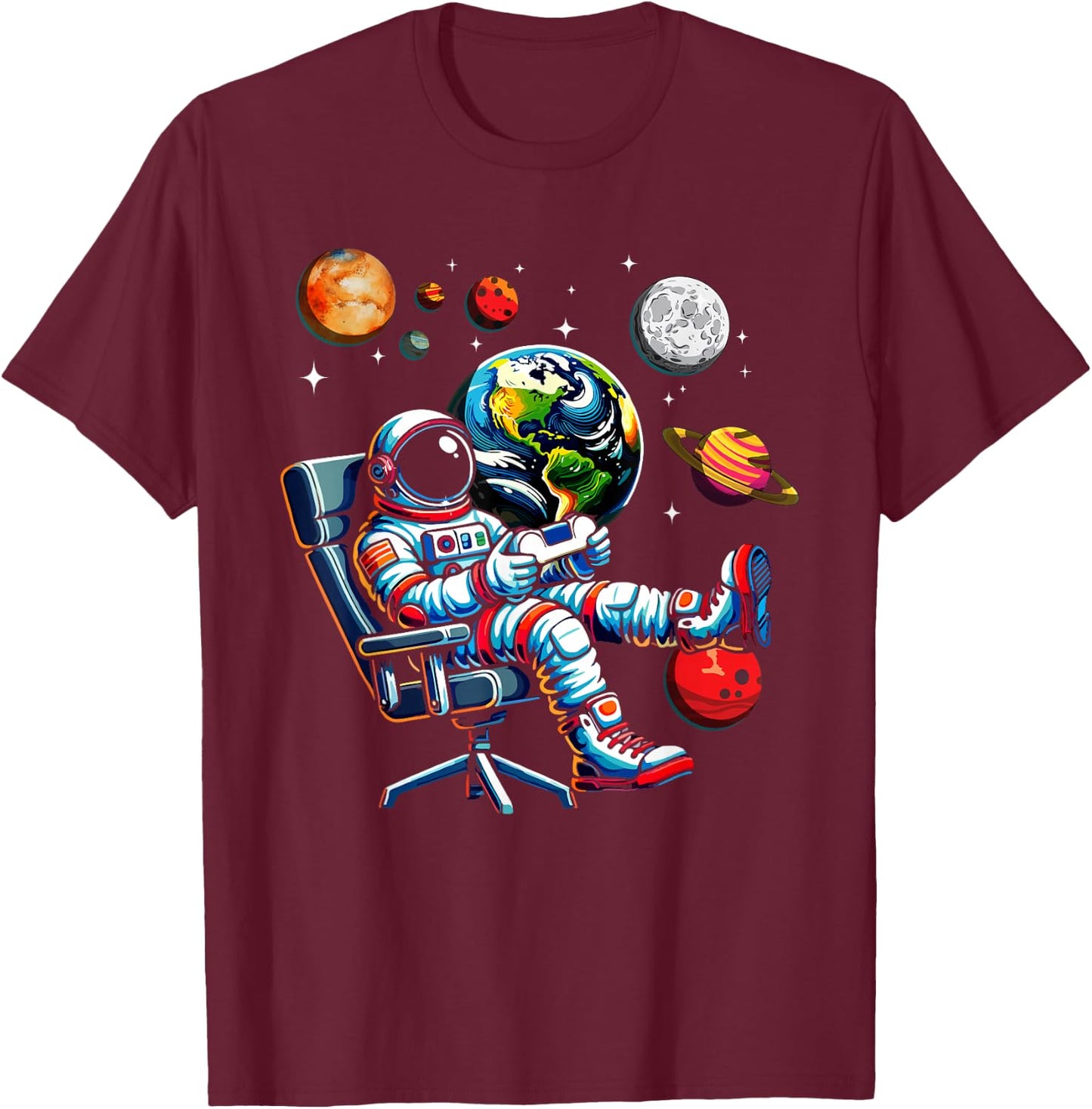 Astronaut Gamer Space Cosmos Gaming System Planets T-Shirt - T-Shirt | Maroon
