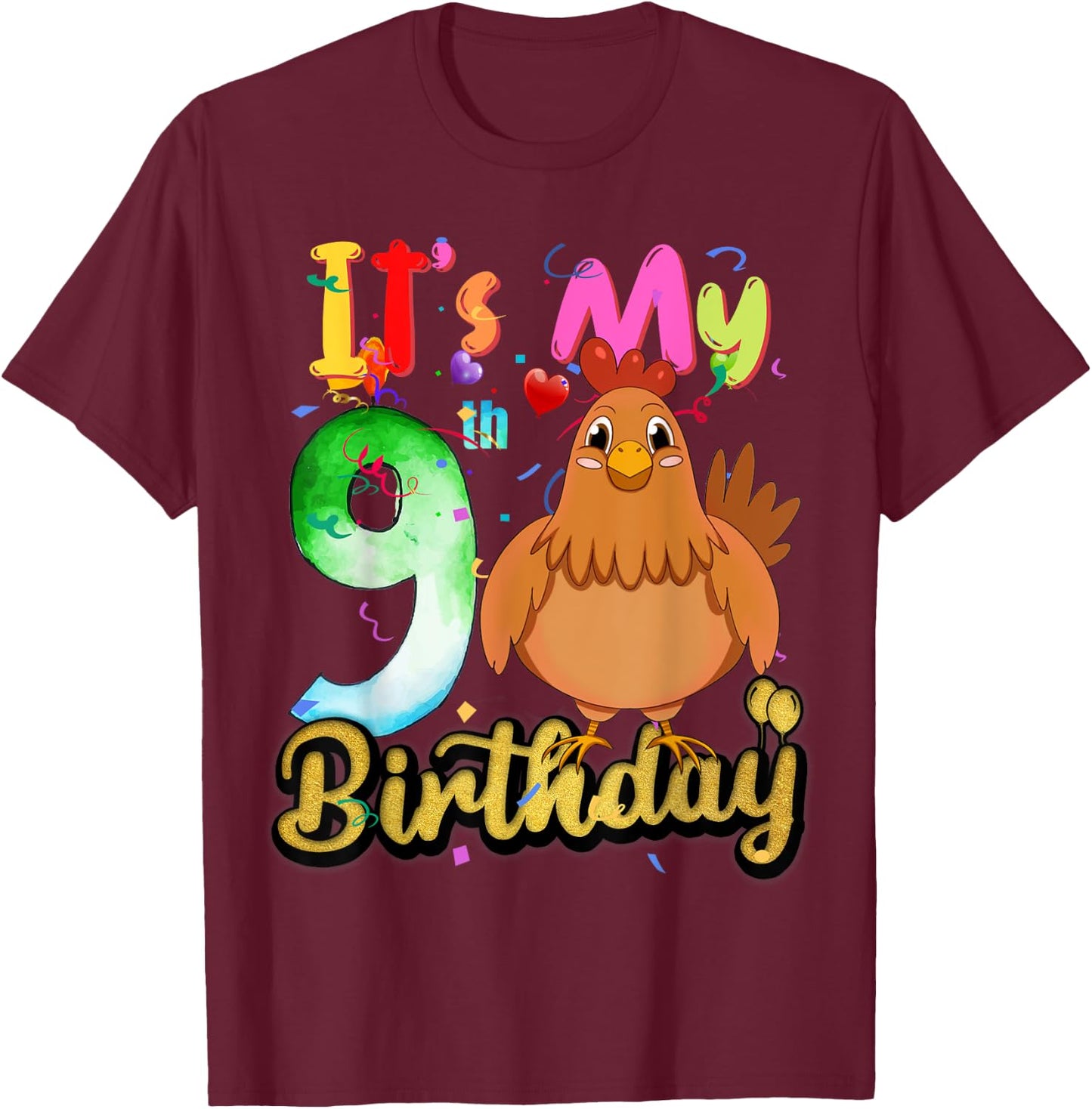Kids Chicken 9th Birthday 9 Years Old Girls Chicken Birthday T-Shirt - T-Shirt | Maroon