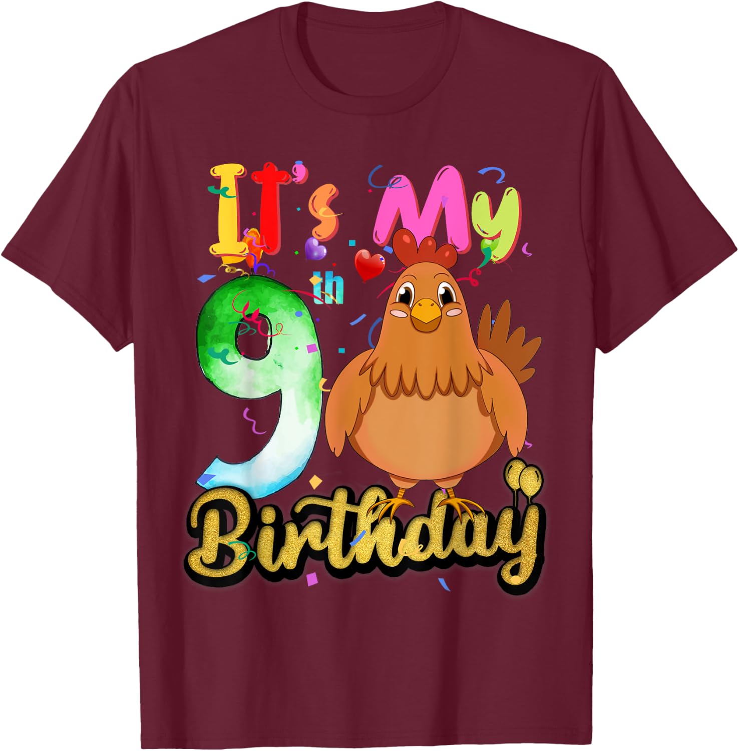 Kids Chicken 9th Birthday 9 Years Old Girls Chicken Birthday T-Shirt - T-Shirt | Maroon