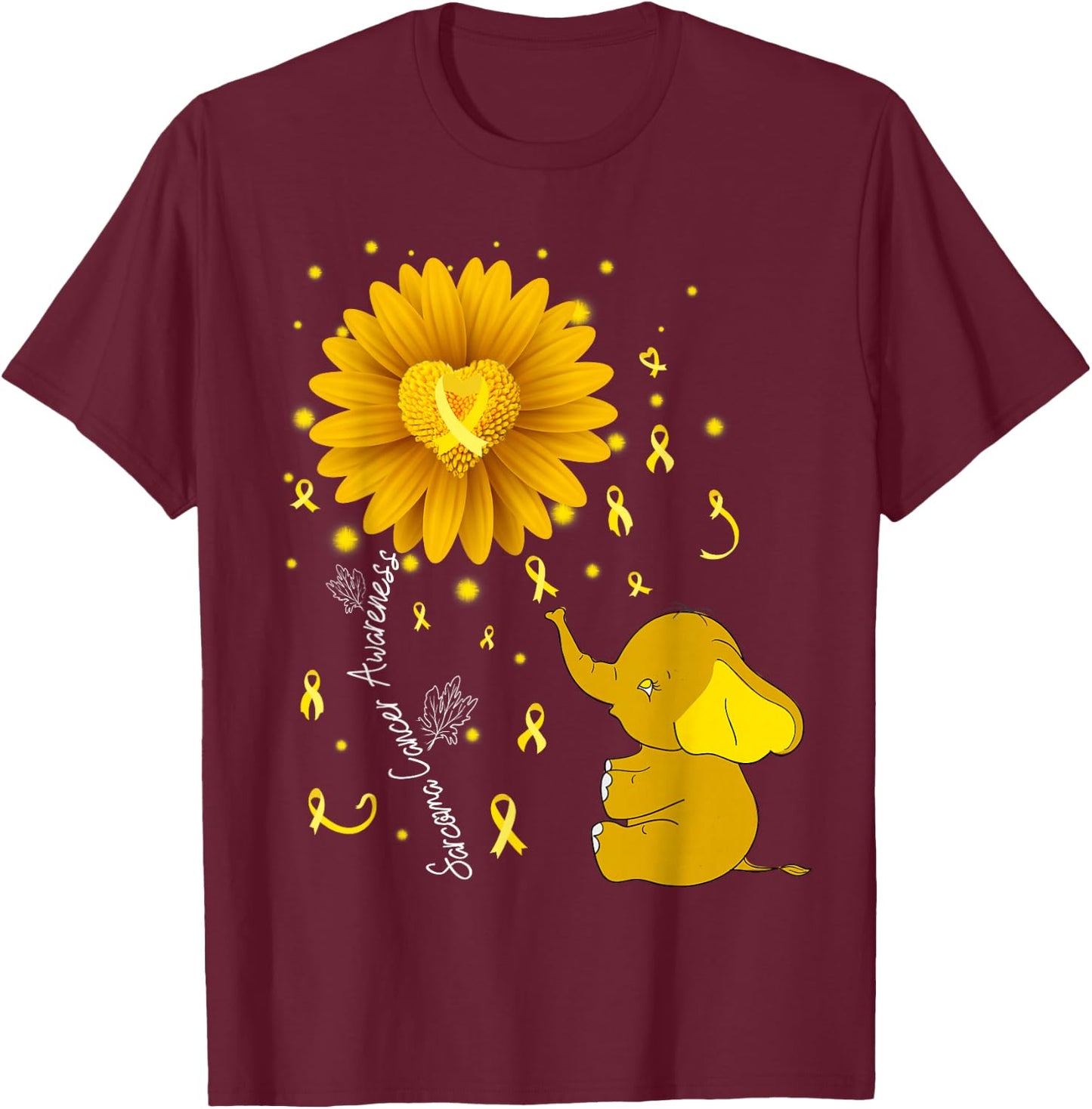 Yellow Ribbon Daisy Flower Elephant Sarcoma Cancer Awareness T-Shirt - T-Shirt | Maroon