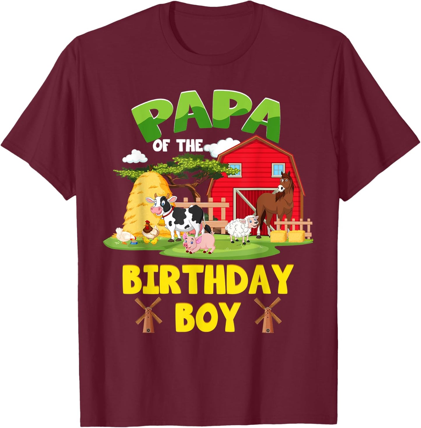 Papa Of The Birthday Boy Farm Animals Barnyard Party T-Shirt - T-Shirt | Maroon