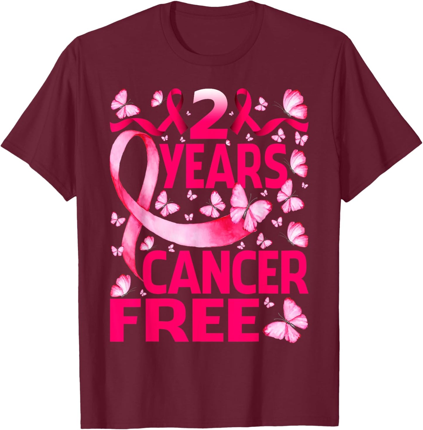 2 Years Breast Cancer Free Survivor Butterfly T-Shirt - T-Shirt | Maroon