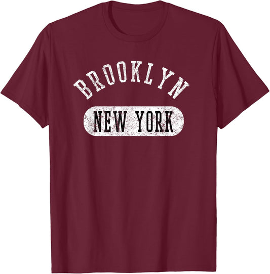 Retro Cool Brooklyn New York Distressed College Jersey Style T-Shirt - T-Shirt | Maroon