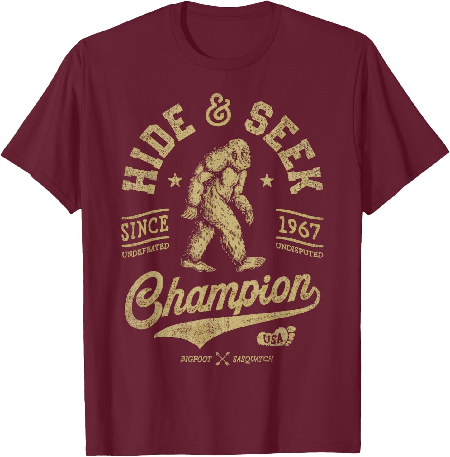 Squatchy Bigfoot Co Bigfoot Hide And Seek Champion Funny Sasquax Retro Vintage T-Shirt - T-Shirt | Maroon