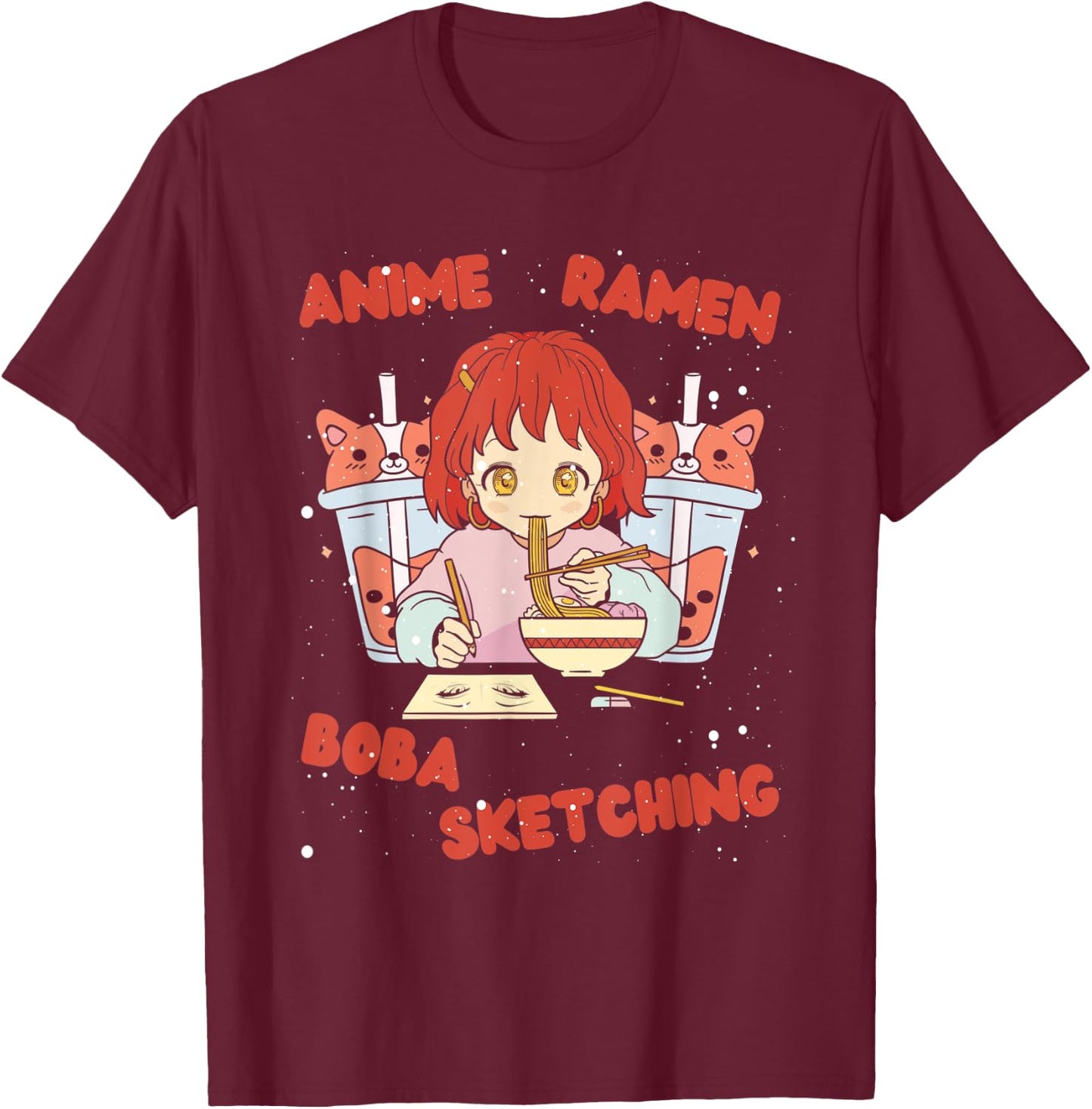 Anime Ramen Boba Sketching Funny Anime Girl Japanese Love T-Shirt - T-Shirt | Maroon