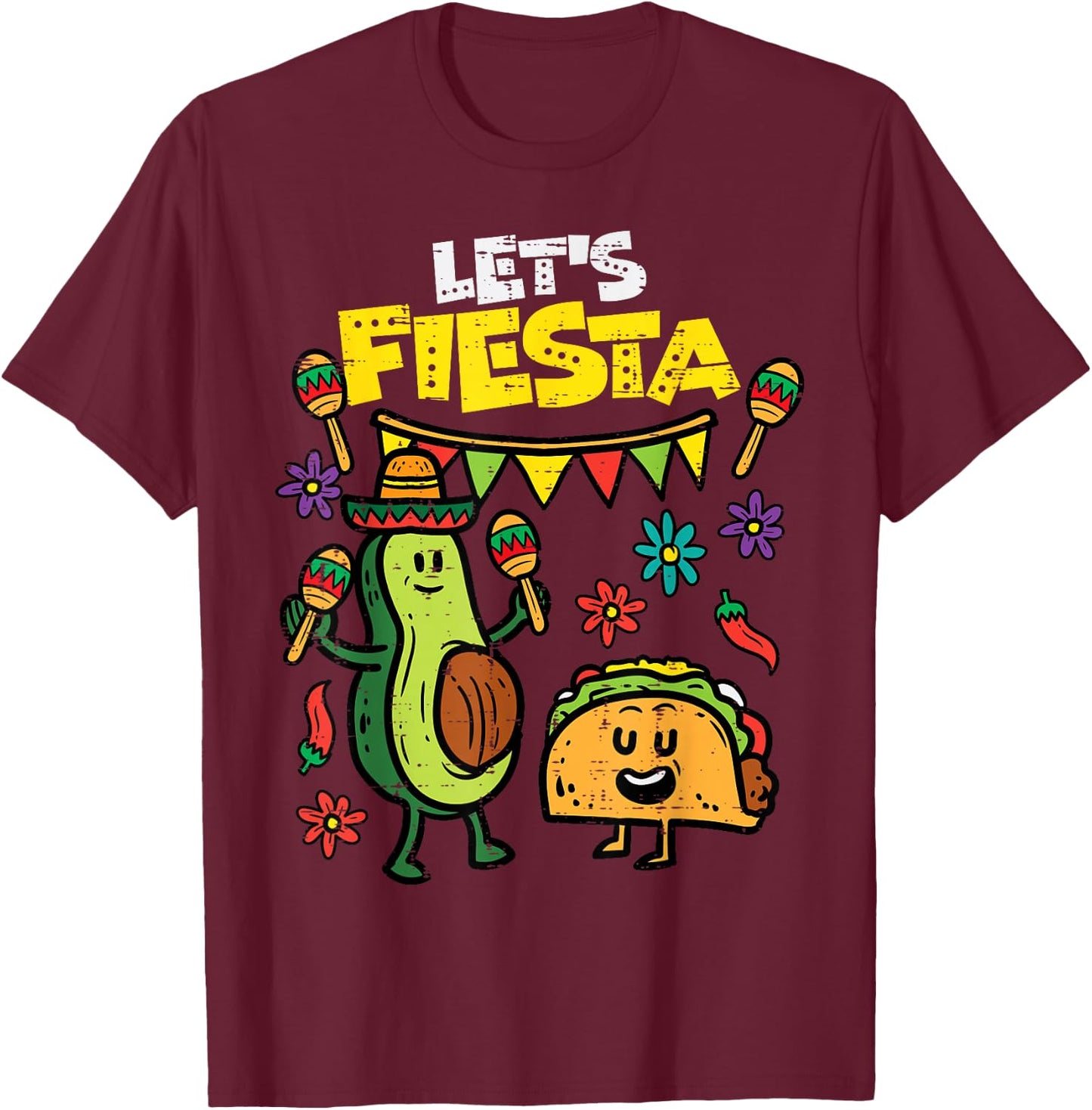 Lets Fiesta Taco Avocado Funny Cinco De Mayo Mexican Party T-Shirt - T-Shirt | Maroon