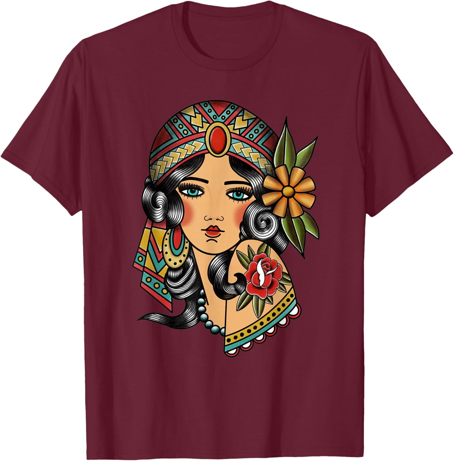 Gypsy Lady Head Fortune Teller American Traditional Tattoo Small T-Shirt - T-Shirt | Maroon