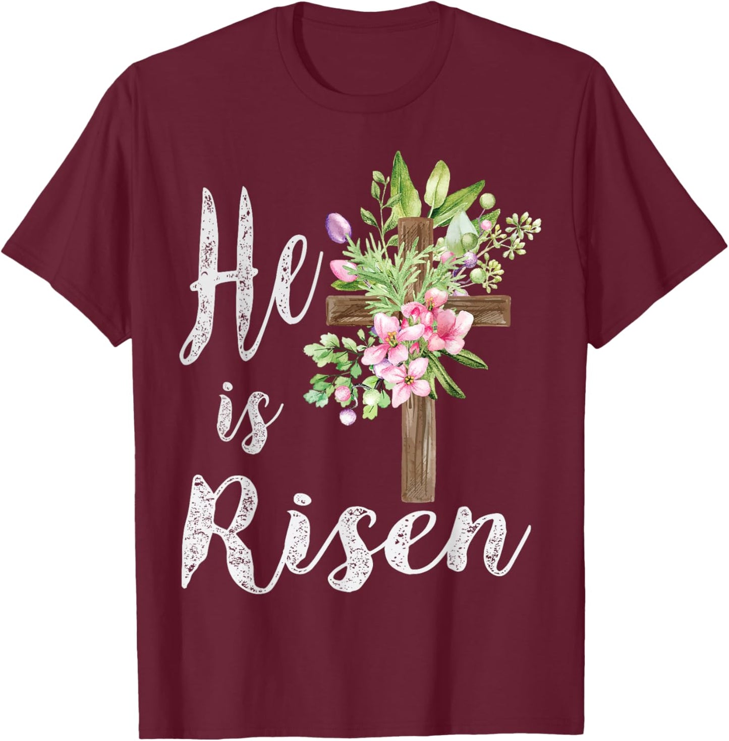 He is Risen Floral Cross Vintage Happy Easter T-Shirt - T-Shirt | Maroon