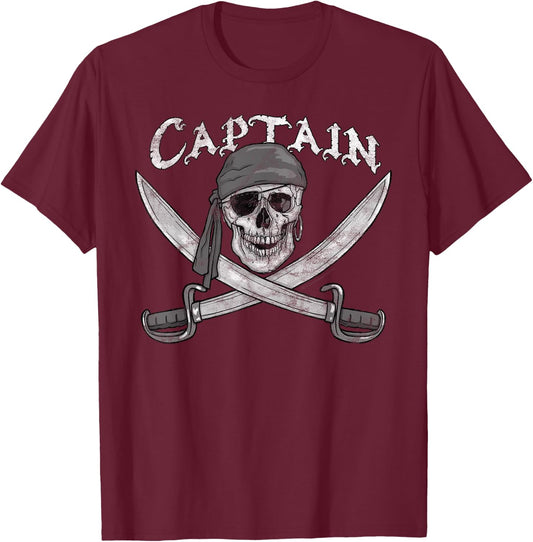 Pirate Ship Captain Skull & Cutlasses Jolly Roger T-Shirt - T-Shirt | Maroon