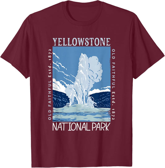 Yellowstone National Park Old Faithful Distressed Vintage T-Shirt - T-Shirt | Maroon