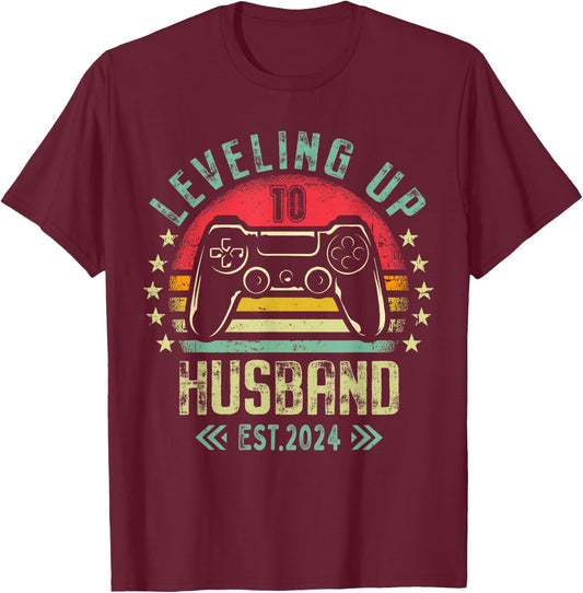 Leveling Up To Husband 2024 Leveled Bachelor Party New Gamer T-Shirt - T-Shirt | Maroon