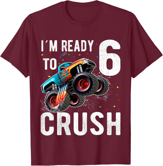 Kids Monster Trucks 6th Birthday Party Shirt Six Years old Boys T-Shirt - T-Shirt | Maroon
