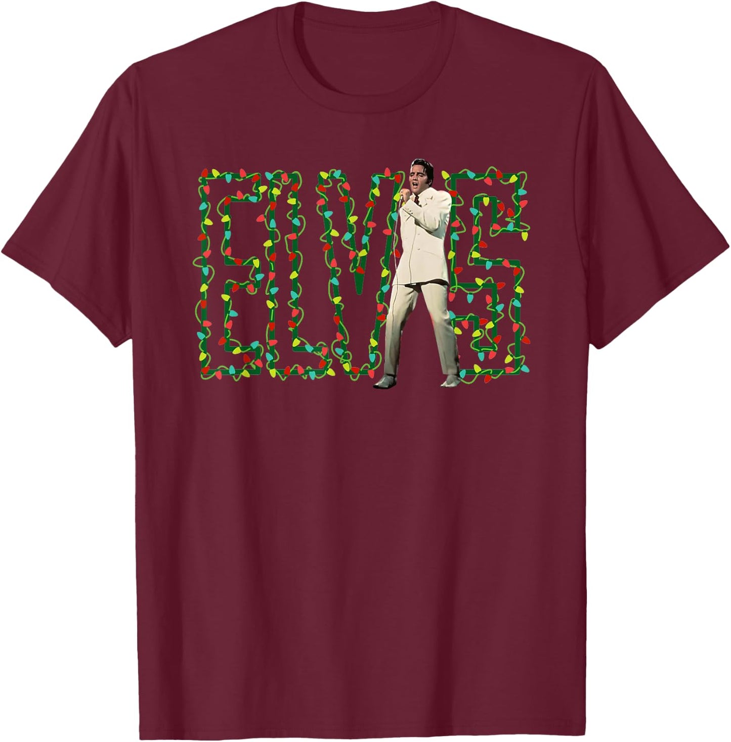 Elvis Presley Official Elvis Christmas Light T-Shirt - T-Shirt | Maroon