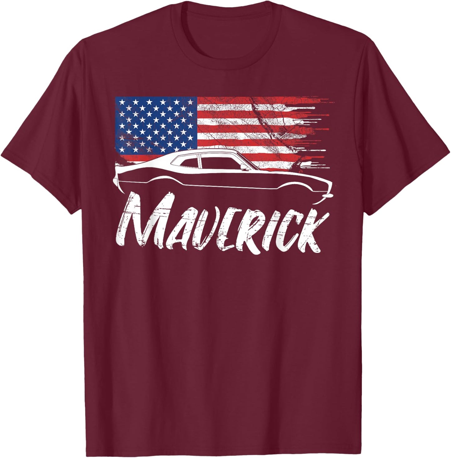 Maverick 302 Vintage American Flag USA Muscle Car T-Shirt - T-Shirt | Maroon