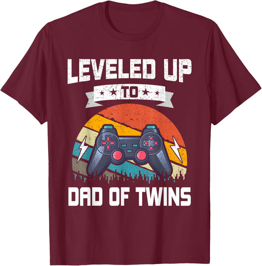 Leveled up to Dad of Twins Video Gamer Gaming T-Shirt - T-Shirt | Maroon