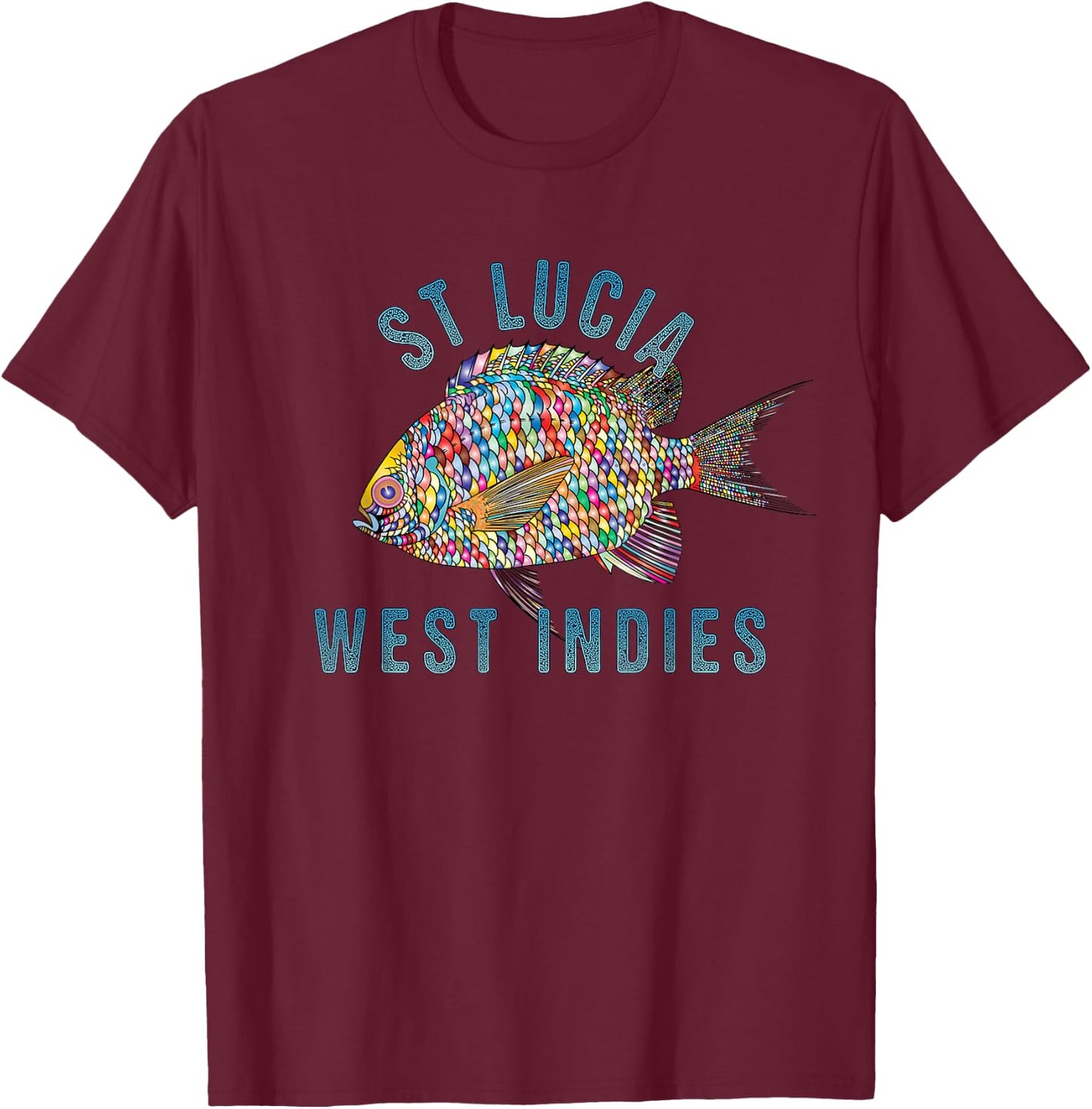 St Lucia, W.I. Beach Design / Souvenir Illustration T-Shirt - T-Shirt | Maroon