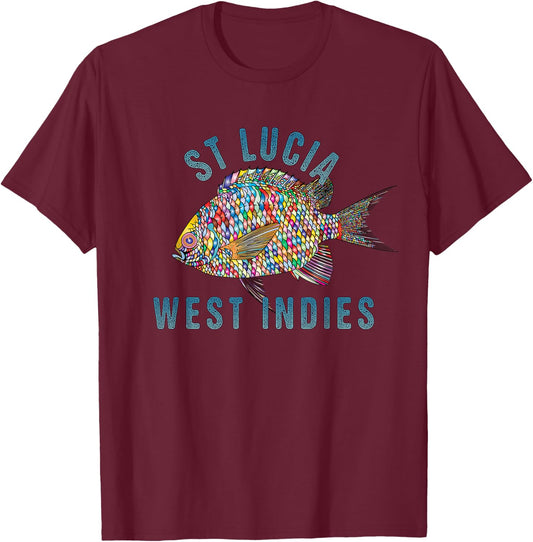 St Lucia, W.I. Beach Design / Souvenir Illustration T-Shirt - T-Shirt | Maroon