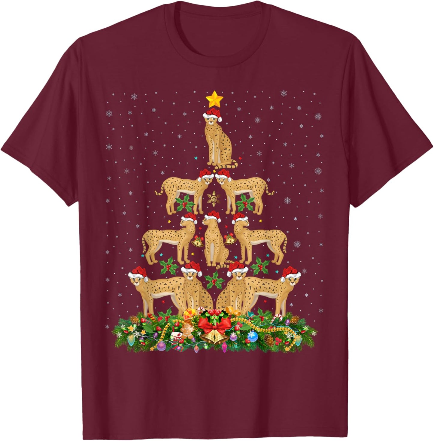 Serval Cat Xmas Tree Gift Santa Hat Serval Christmas Men Women Kids T-Shirt - T-Shirt | Maroon