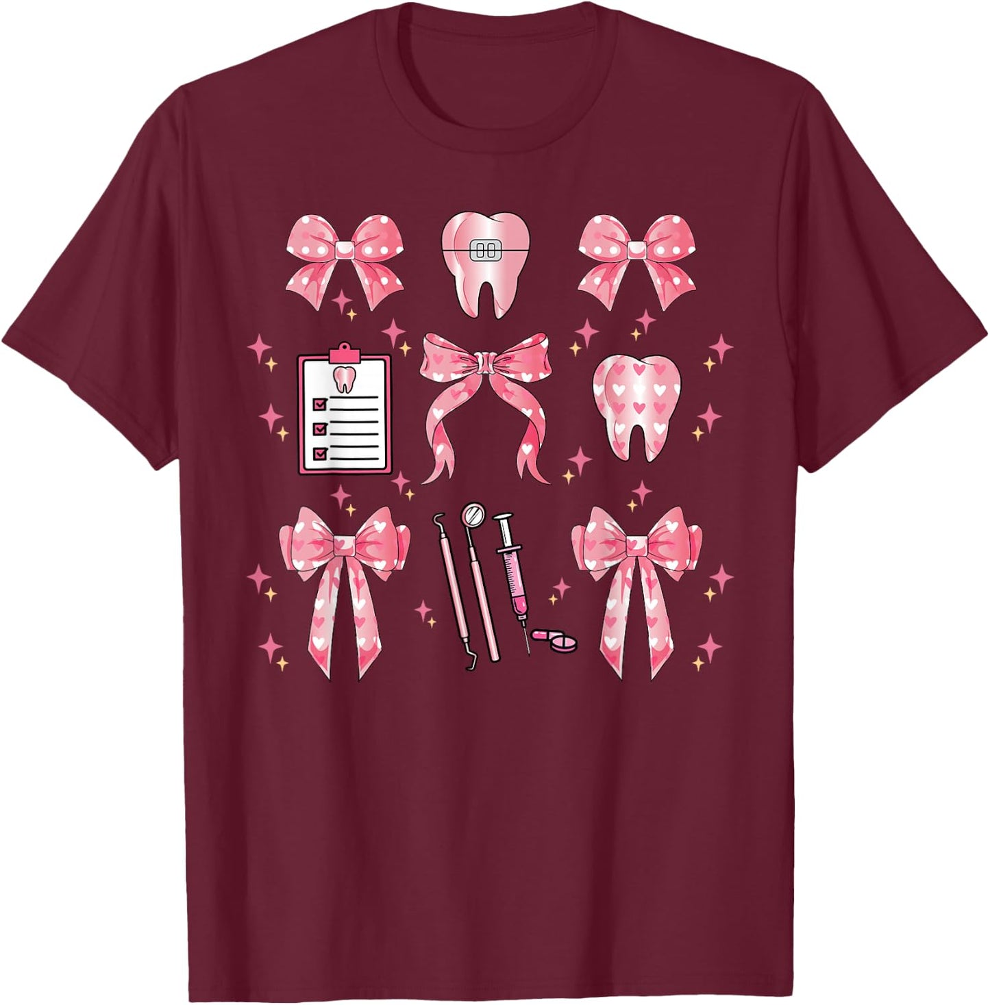 Coquette Bow Teeth Dentist Squad Dental Assistant Hygienist T-Shirt - T-Shirt | Maroon