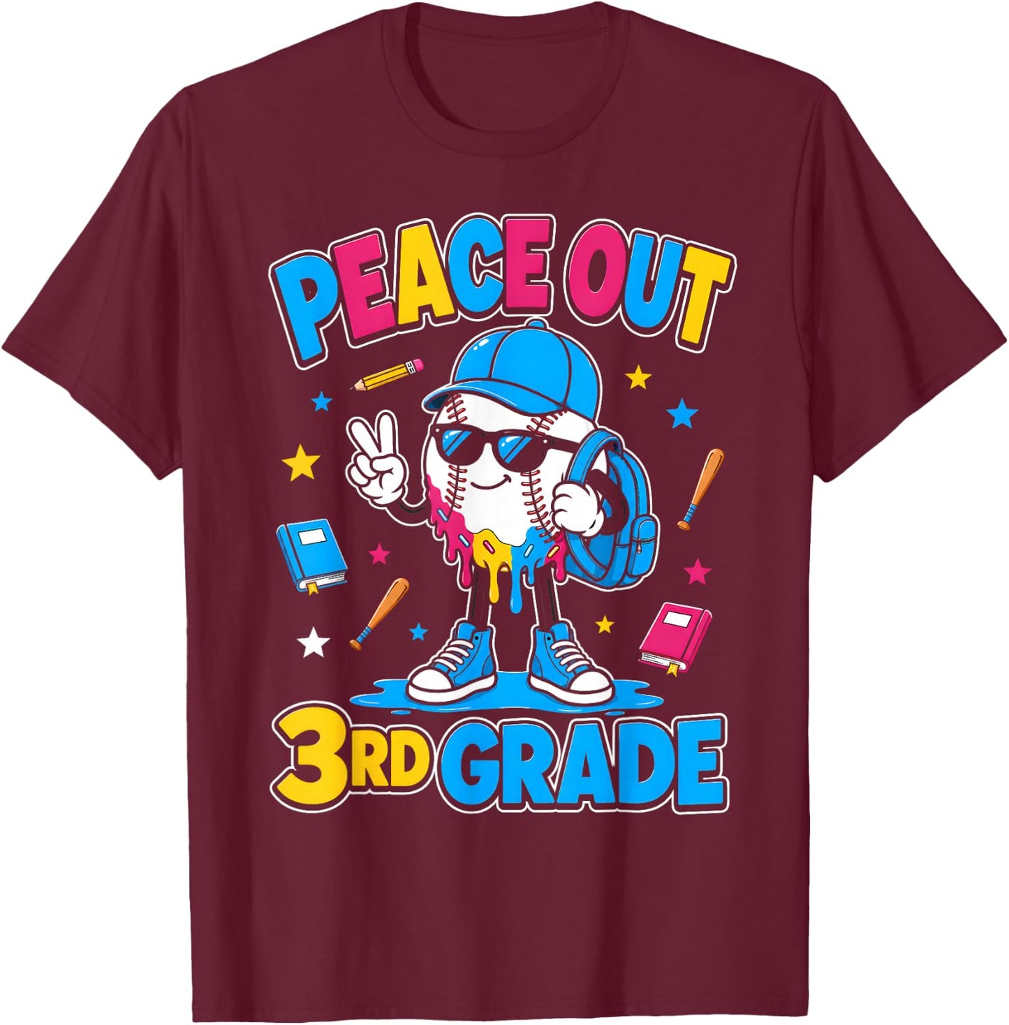 3rd Grade Back to School Boys Baseball Ice Cream Drip T-Shirt - T-Shirt | Maroon