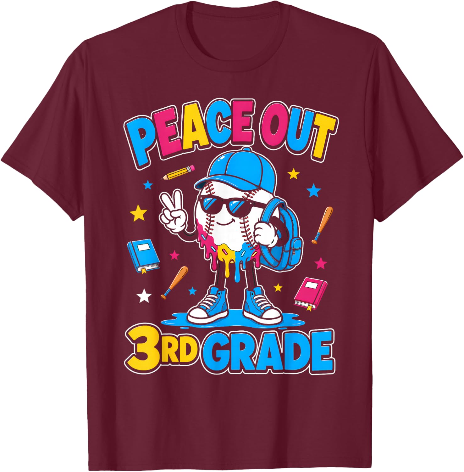 3rd Grade Back to School Boys Baseball Ice Cream Drip T-Shirt - T-Shirt | Maroon