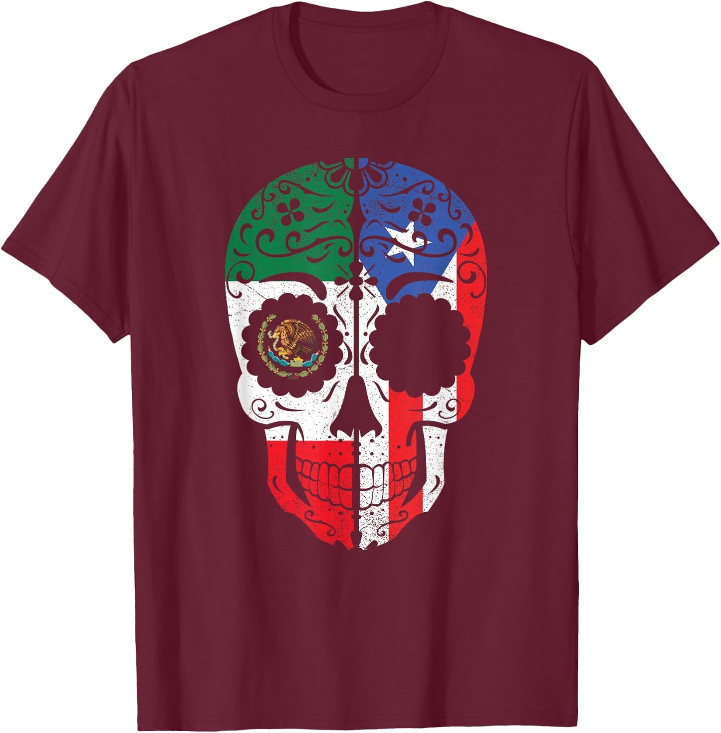 Mexican Puerto Rican Flag Mexico Puerto Rico Sugar Skull T-Shirt - T-Shirt | Maroon