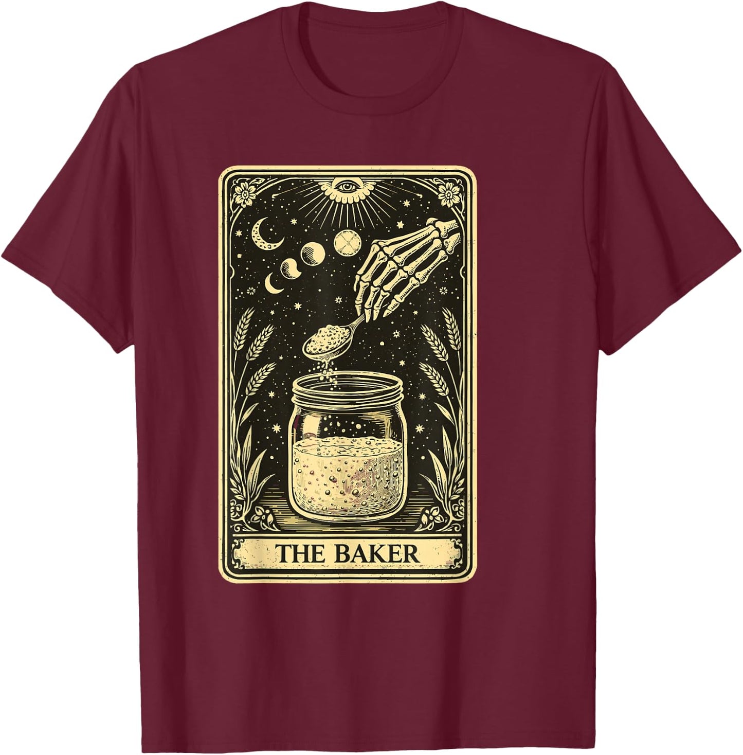 The Baker Tarot Card Skeleton Sourdough Starter Gothic T-Shirt - T-Shirt | Maroon