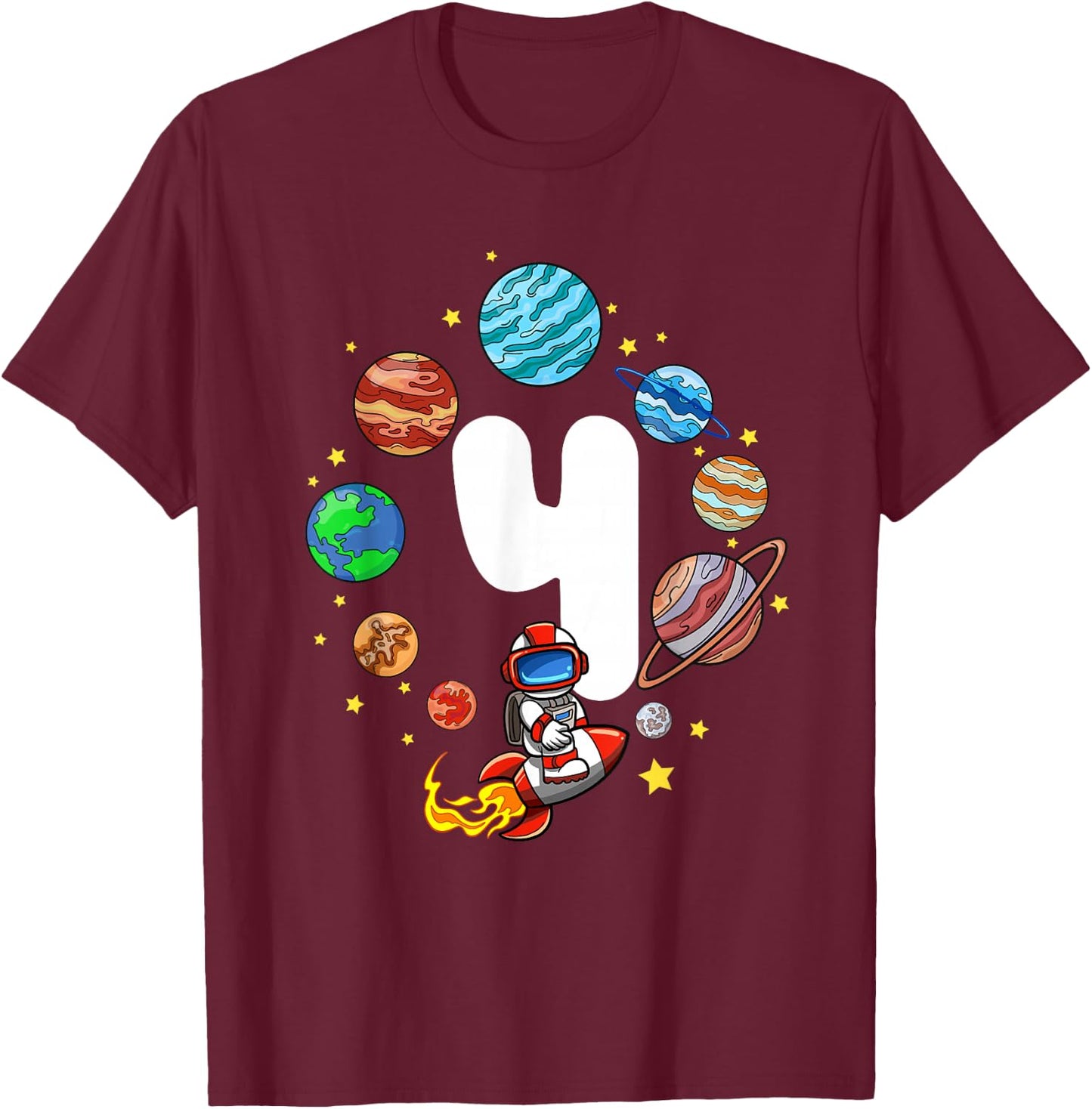 Space Birthday 4 Boys Astronaut Planets Rocket Ship Party T-Shirt - T-Shirt | Maroon