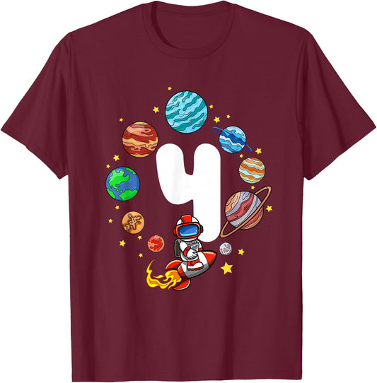Space Birthday 4 Boys Astronaut Planets Rocket Ship Party T-Shirt - T-Shirt | Maroon