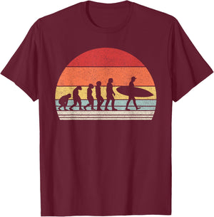 Vintage Retro Evolution Of Man Surfing Surfer Gift T-Shirt - T-Shirt | Maroon
