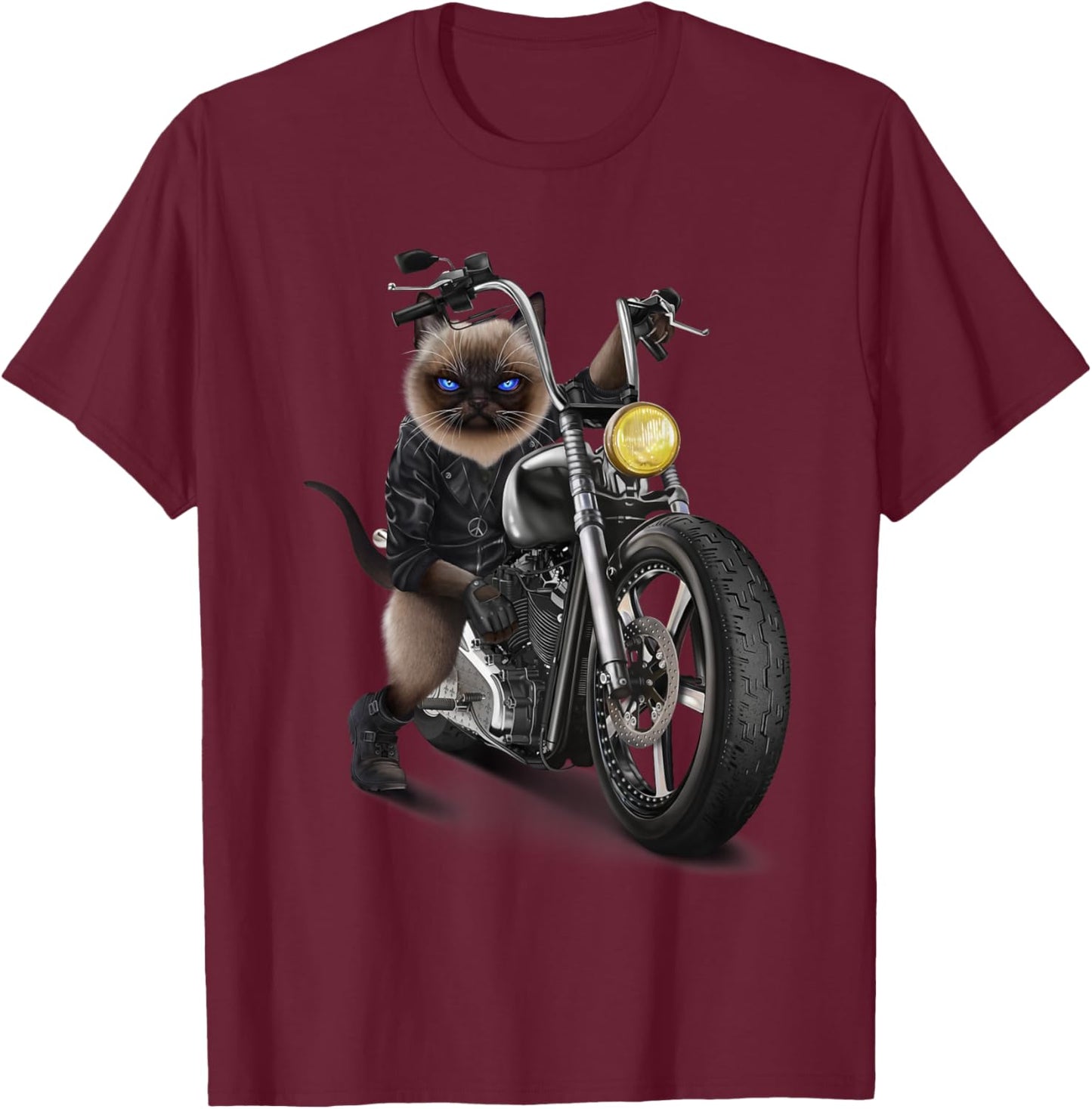 Biker Cat Riding Chopper Motorcycle T-Shirt - T-Shirt | Maroon