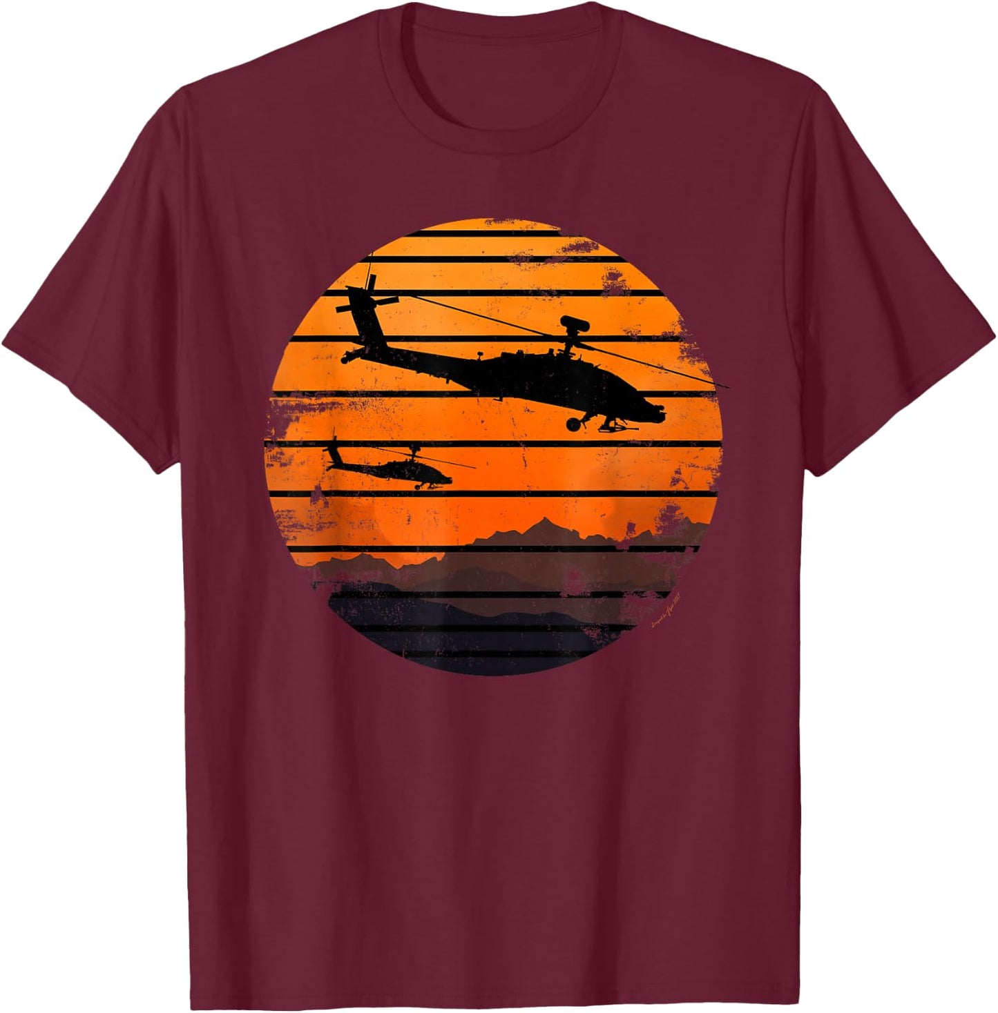 Desert Sunrise AH-64 Apache Attack Helicopter Vintage T-Shirt - T-Shirt | Maroon