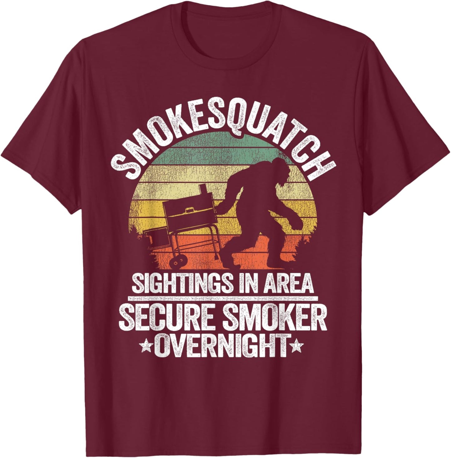 Smokesquatch Sasquatch Smoking Meat Grill Funny Bigfoot T-Shirt - T-Shirt | Maroon