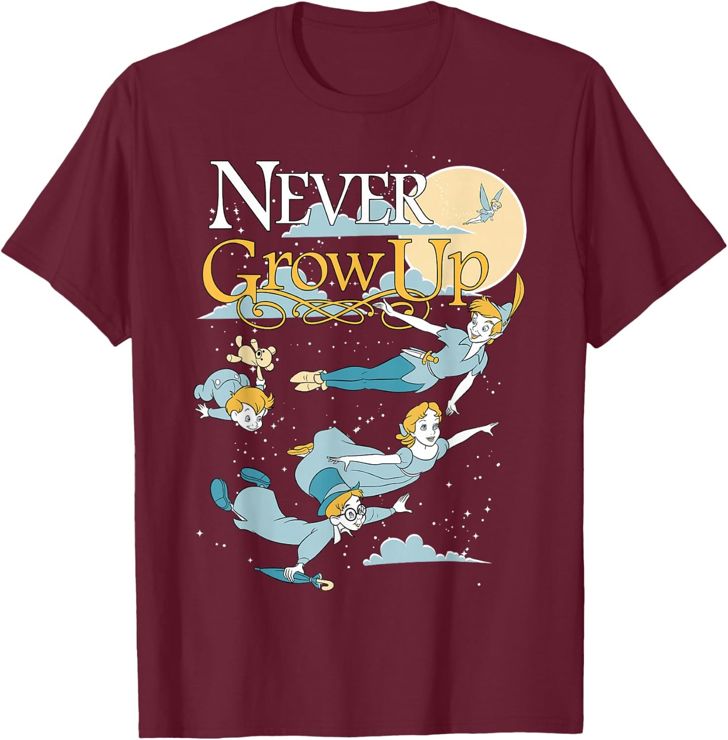 Disney Peter Pan Group Shot Never Grow Up Night Portrait T-Shirt - T-Shirt | Maroon