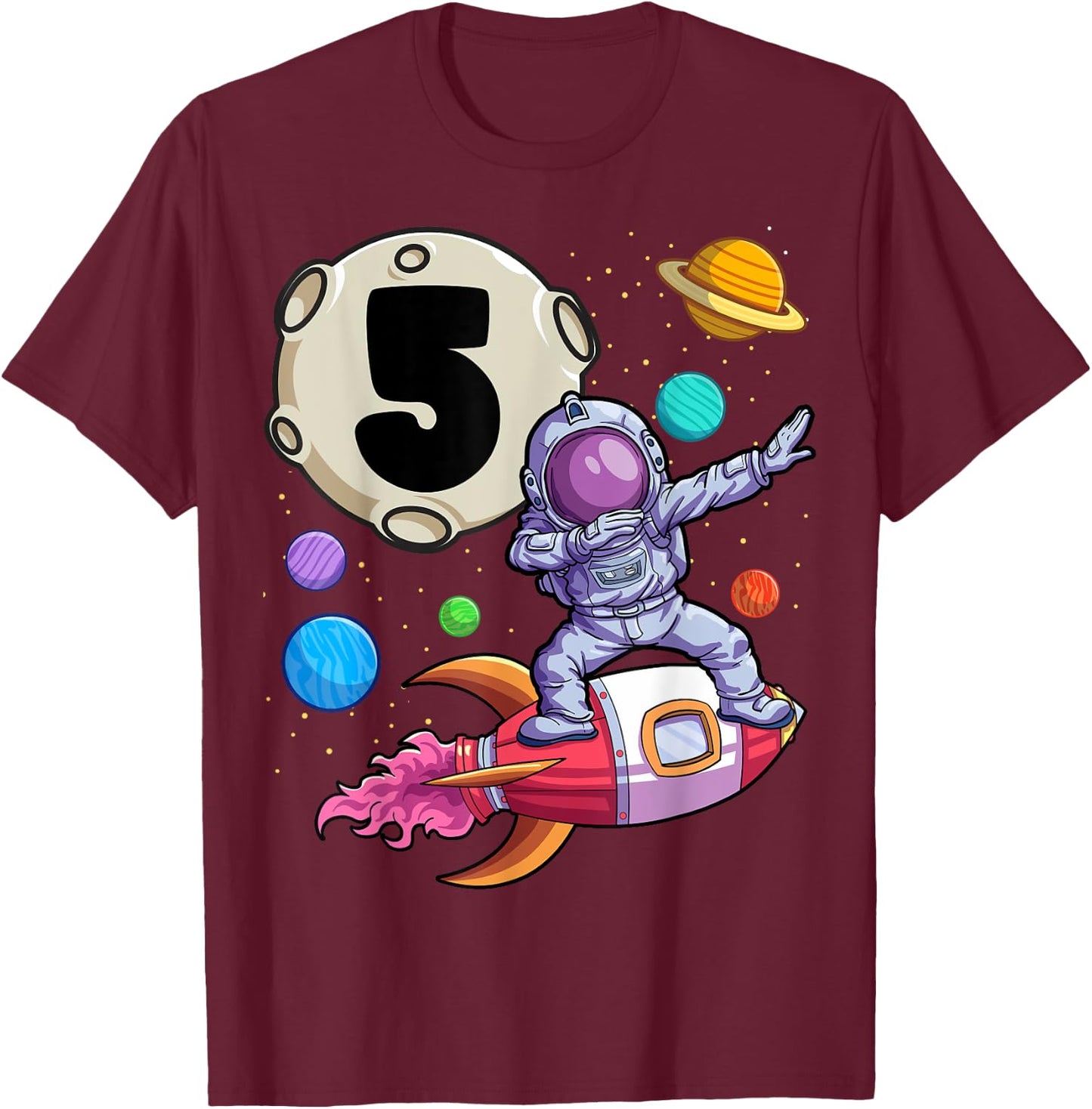 Dabbing Astronaut 5 Yrs Old Birthday Boy Space 5th Birthday T-Shirt - T-Shirt | Maroon