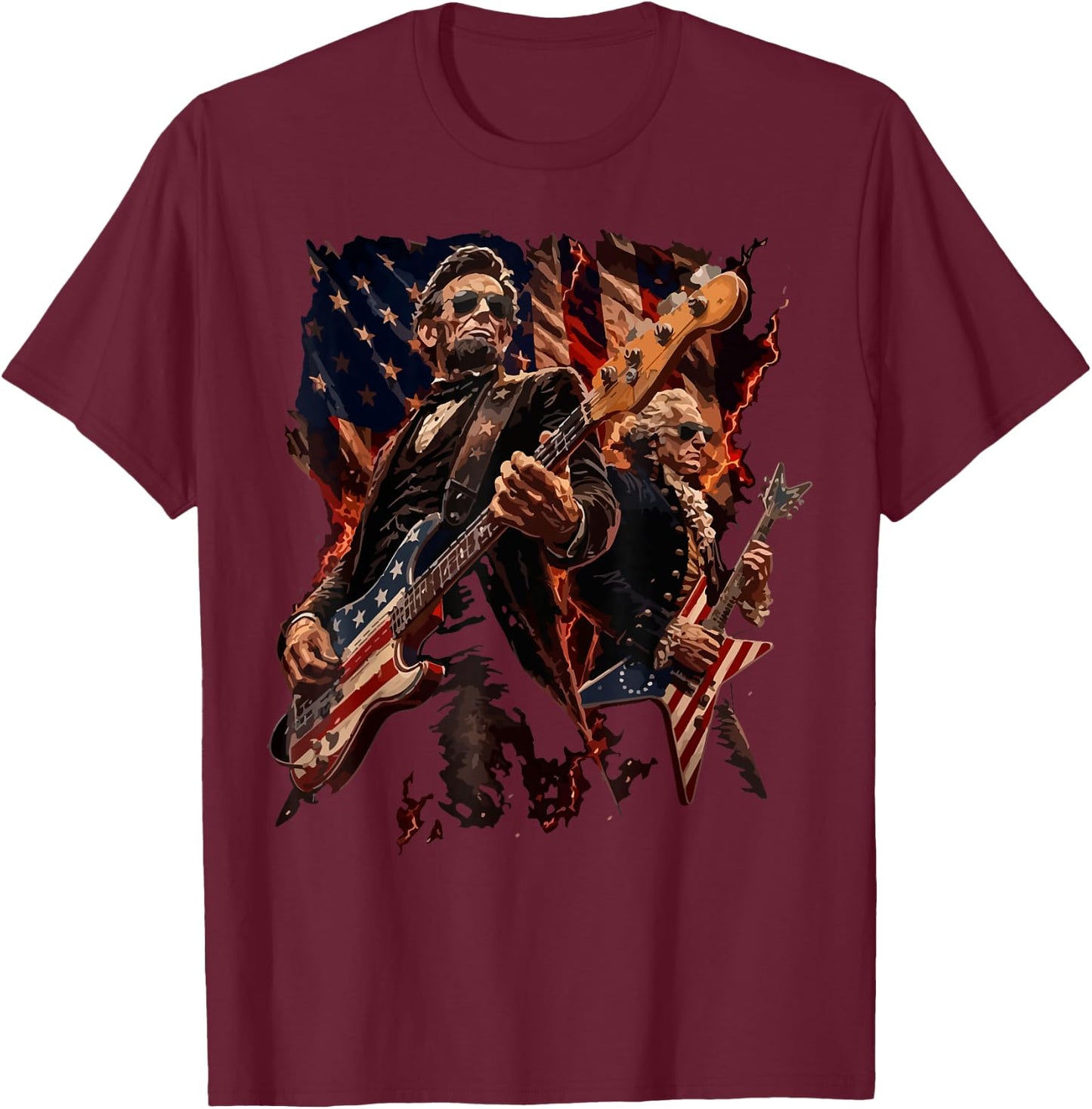 Presidents Abe Lincoln and George Washington Playing Guitar T-Shirt - T-Shirt | Maroon