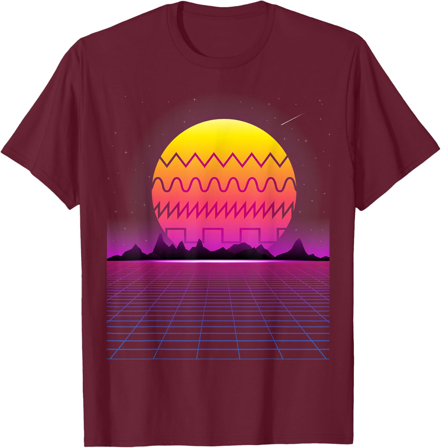 80s Retro Sunset Synthesizer T Shirt | Synthwave Waveform T-Shirt - T-Shirt | Maroon