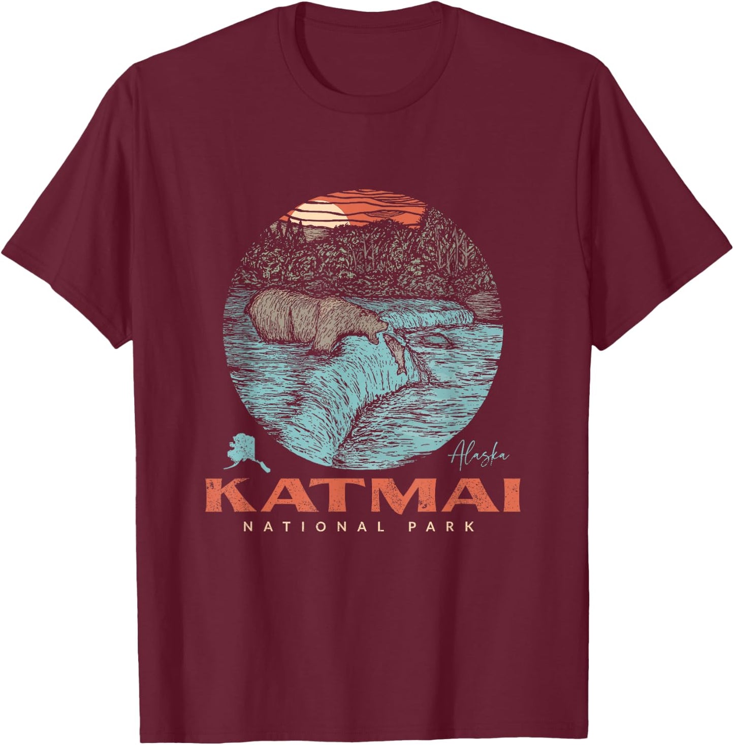 Katmai National Park Vintage Bear Fishing Outfit Adventure T-Shirt - T-Shirt | Maroon