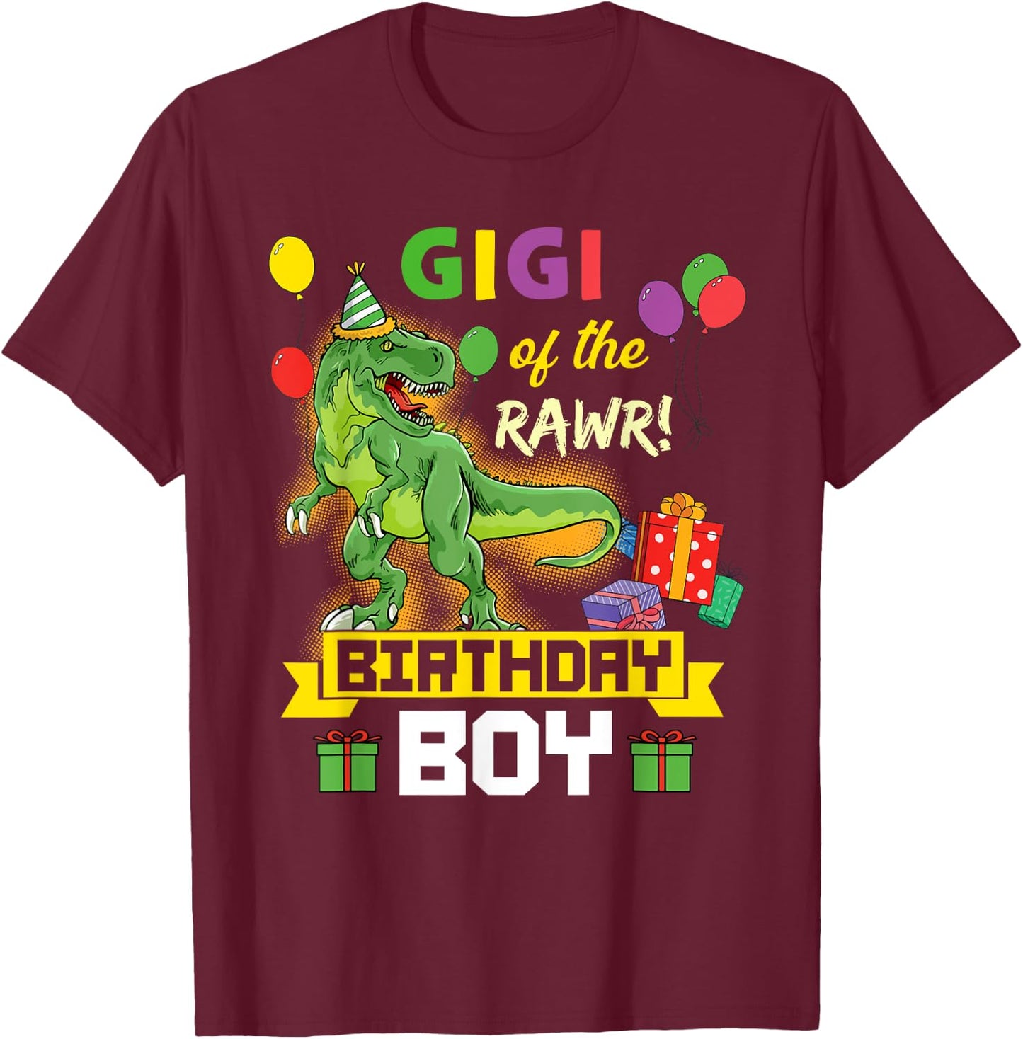 Gigi of the Birthday Boy Dinosaur Celebration Graphic T-Shirt - T-Shirt | Maroon
