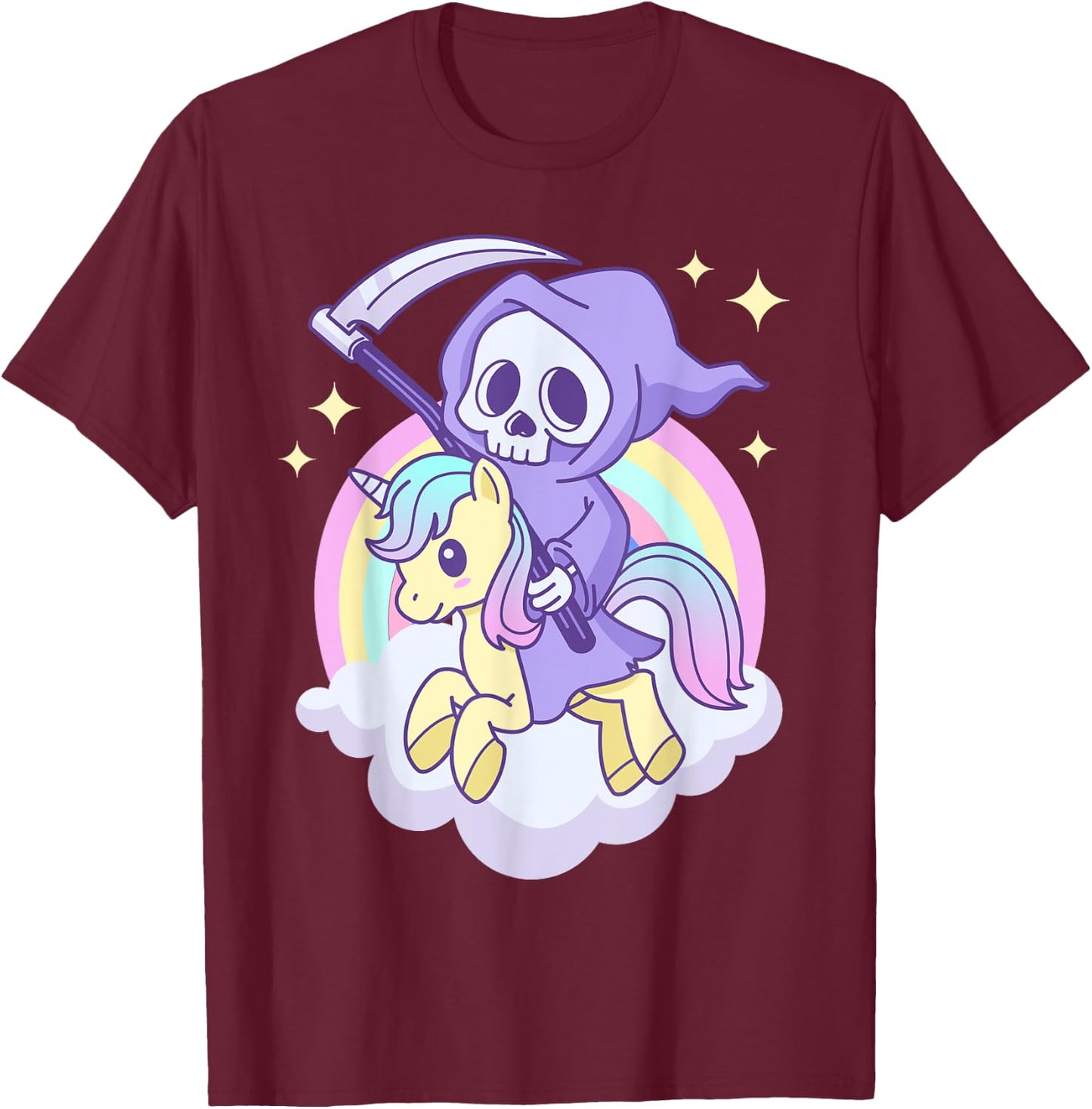 Cute Pastel Goth Grim Reaper on a Unicorn T-Shirt - T-Shirt | Maroon