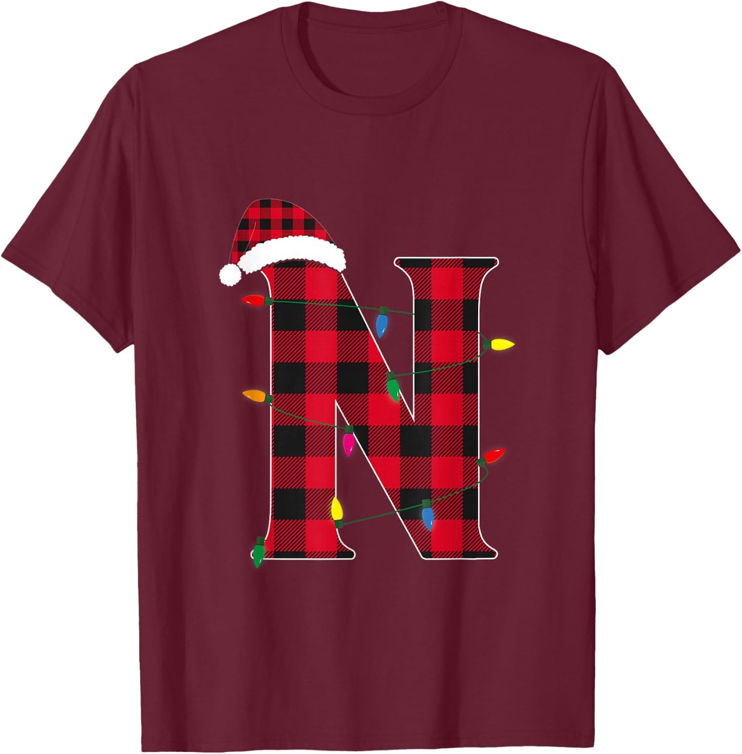 Awesome Letter N Initial Name Buffalo Plaid Christmas T-Shirt - T-Shirt | Maroon