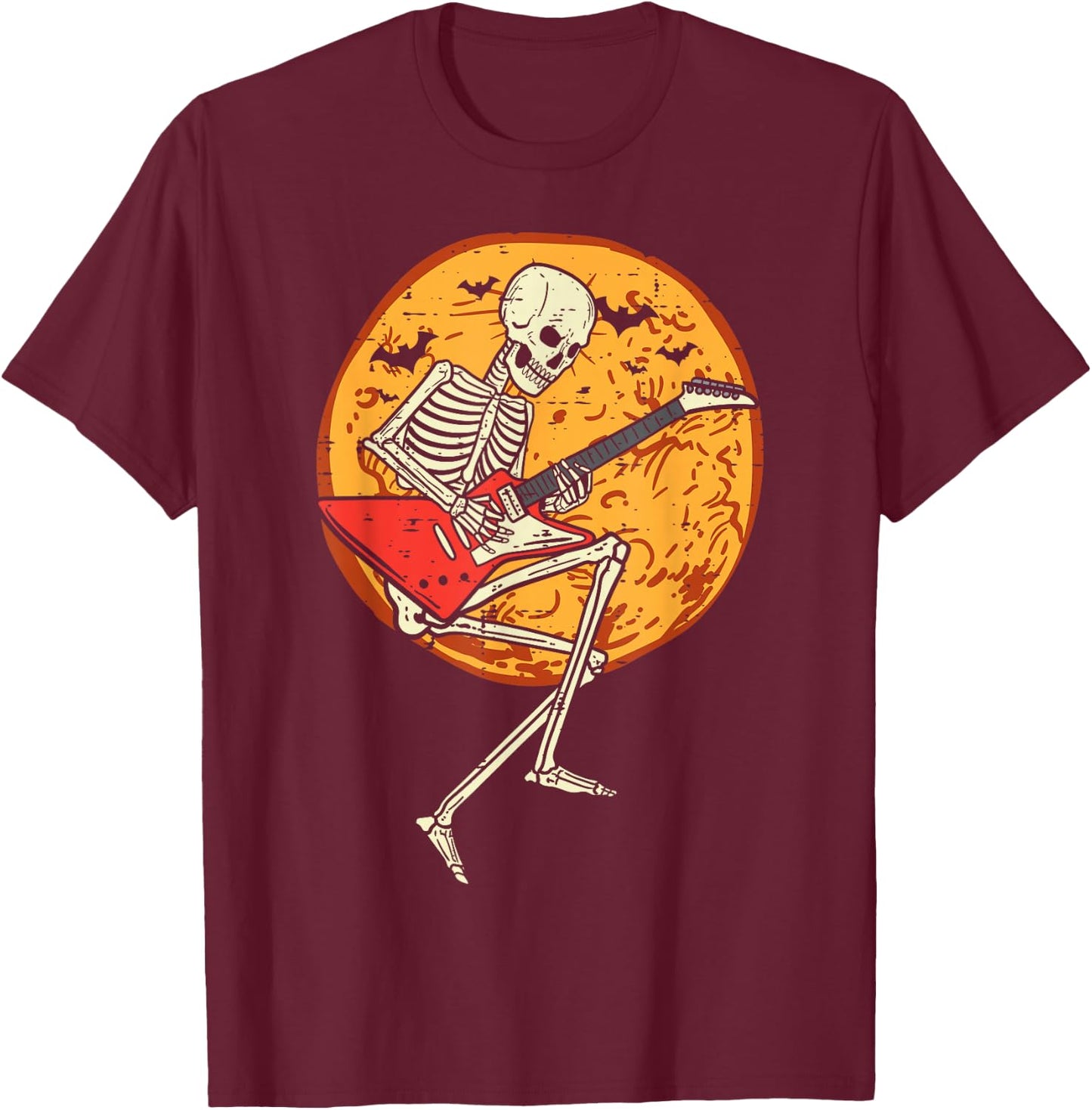 Skeleton Playing Guitar Rock Moon Halloween Music Boys Men T-Shirt - T-Shirt | Maroon