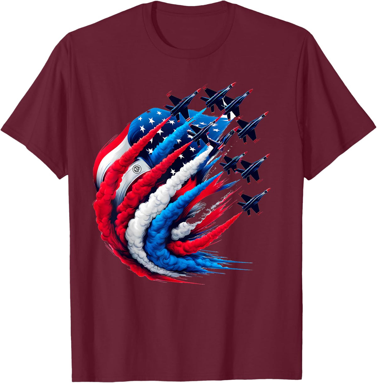 USA Jet Airshow Patriotic Red White Blue Design T-Shirt - T-Shirt | Maroon
